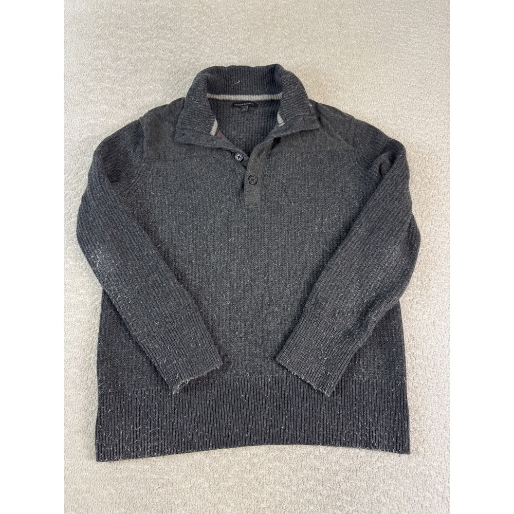 Banana Republic Sweater Mens Large Gray Half Button Pullover Wool Blend Rib Knit